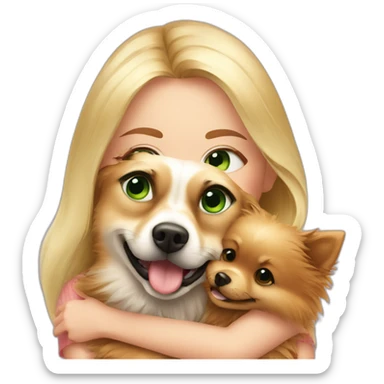 Blonde girl with green eyes, hugs her pomeranian dog, red sticker
