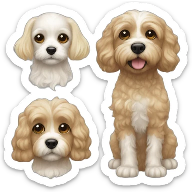 White Cavapoo, a blonde girl, a bearded dark haired guy sticker