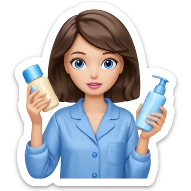 Barbie girl with makeup, blue eyes , and bob long haircut wavy, short brown hair in creamy color pajamas, face cream in hand sticker