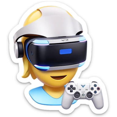 Clash of Clans aesthetic: Cinematic Playful PlayStation VR Headset Portrait Emoji, rendered in a 3D vector-style similar to standard emojis with minimal shading and bold, simplified shapes. A compact, distinct form with signature details, softly glowing with a cutting-edge console technology charm. Simplified yet unmistakably iconic, highly detailed and consistent, glowing with a soft radiance and high shine. Stylized with a touch of technological advancement and a soft glowing outline, capturing the essence of a beloved gaming relic with a friendly, playful manner! sticker