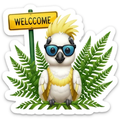 sulfer crested cockatoo wearing sunglasses sitting in a green fern tree with an australian street sign saying 'welcome to cockatoo' sticker
