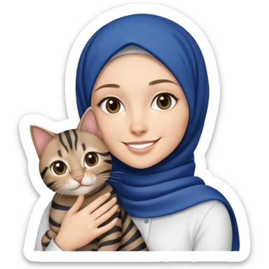 White girl wearing dark blue hijab with white shirt smiling while holding a black stripes tabby cat sticker