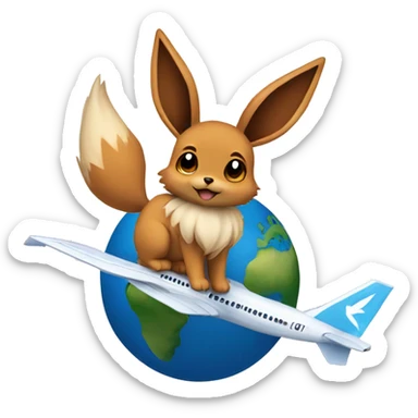 Eevee sitting on an Airplane which is flying around the shape of the world  sticker