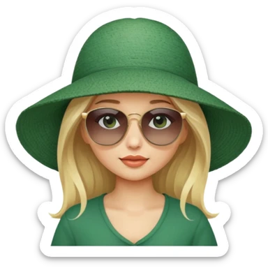 
blonde girl in dark green beach big hat adjusting sunglasses sticker