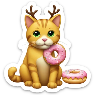 A yellow cat with a reindeer headband and a donut  sticker