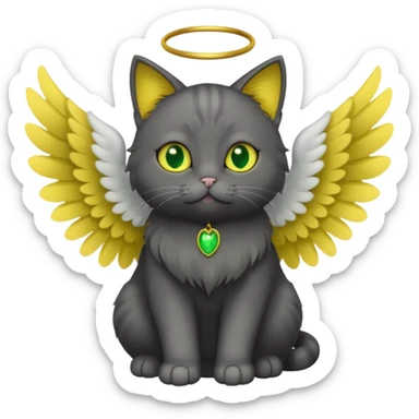 Dark gray cat with green-yellow eyes that has angel wings sticker