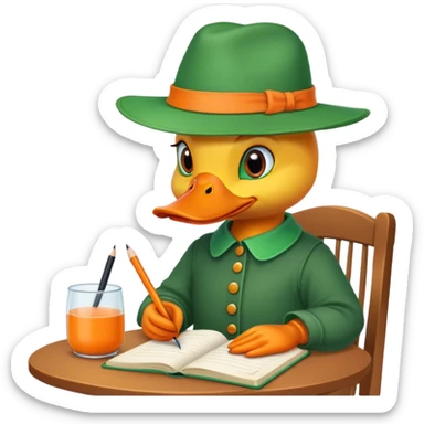 a duck at a table writing a book sticker