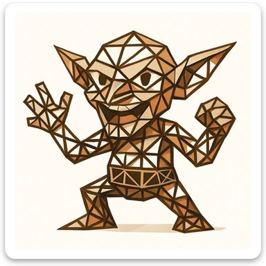 an architectural goblin constructed from geometric truss beams, playful expression, white background sticker