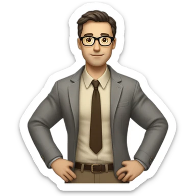 Full height Actively gesturing with hands Pale skinned fit man with dark brown hair in gray jacket, beige office shirt, brown tie, brown pants and vintage glasses. sticker