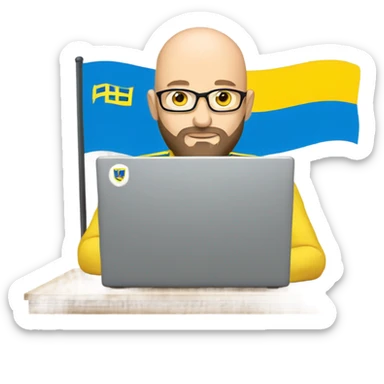 bald man with a beard on a laptop, laptop logo is flag of Ukraine sticker