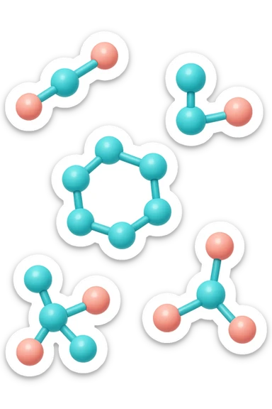 emoji 3d stile iphone di cinque molecole chimiche turchesi e rosa salmone che fluttuano in aria 3d sticker