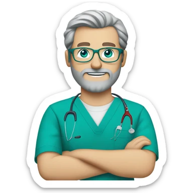 male dark blond with grey beard doctor with blue-green eyes and wire-rimmed glasses in teal scrubs holding a paintbrush and a jigsaw sticker