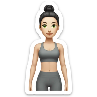 Pale skinned fit woman In a gray tight yoga suit and wristbands With ash black hair in a bun and green eyes doing yoga sticker