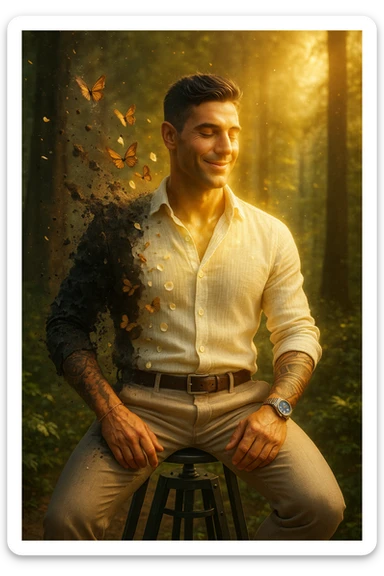 Trasformazione cinematografica: uomo d'affari in giacca sintetica nera che si sfalda come cenere, mentre da dentro emerge una nuova versione di sé vestita di lino color avorio, farfalle che nascono dalle fibre di cotone biologico, petali di fiori che si trasformano in bottoni di madreperla, capelli che diventano più folti e luminosi al contatto con tessuti naturali, pelle che letteralmente respira vapore dorato, city background che si trasforma in foresta rigogliosa, slow motion epico con particelle di luce danzanti sticker