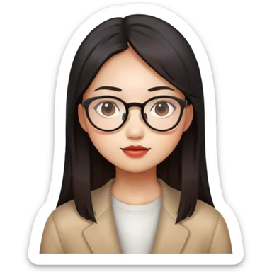 Asian girl, round face, long straight black brown hair with gradient red brown in the end, wear glasses sticker