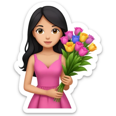 beautiful girl with long black hair wearing pink dress holding a colorful bouquet of flowers sticker