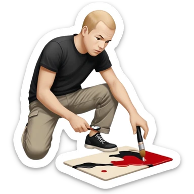 Jackson pollock the abstract artist leaning over to flick black white and red paint from a brush onto a canvas at his feet on the ground sticker