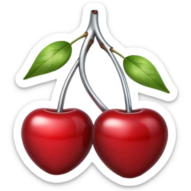 A pair of cherries emoji made of polished silver chrome, smooth rounded shapes, glossy metallic finish, soft highlights and reflections, cute proportions, iOS emoji style, centered, clean white background, no text sticker