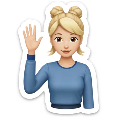 blonde woman with bun in casual clothes waving sticker