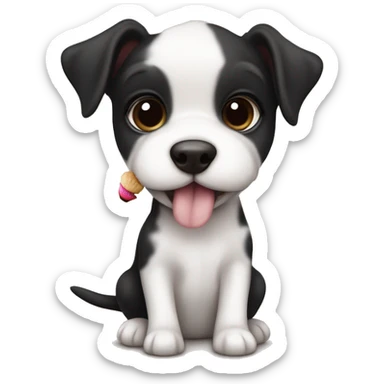 Cute big eyed Black and white teddy Roosevelt terrier puppy (no brown) eating a cupcake sticker