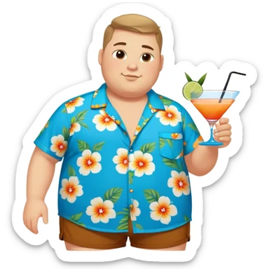 chubby guy full figure in a flowered azure havai shirt, brown shorts and flippers holding a cocktail sticker