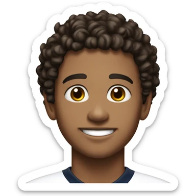 Boy, 20 years old, dark brown hair, hair short and curly, brown eyes, has freckles, smiling, wearing a white jersey with a number 52 sticker