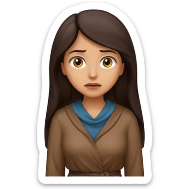 Cartoon emoji of a Middle Eastern-looking woman with long, loose dark hair, wearing chocolate-colored clothes. Full-height, standing, nervous, unsure, worried expression. Slightly hunched, anxious posture. Smooth, simple, stylized. sticker