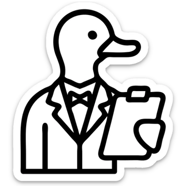 duck with a bow tie and lab coat, holding a clipboard, icon style, modern and minimal, easy to identify at small sizes sticker