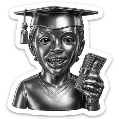 Edit the graduate emoji to hold a stack of cash in chrome style, add shiny grills to his mouth, keep everything metallic and shiny, no background. sticker