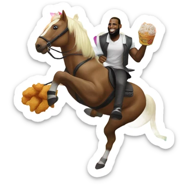 LeBron riding a pony over a rainbow eating fried chicken sticker