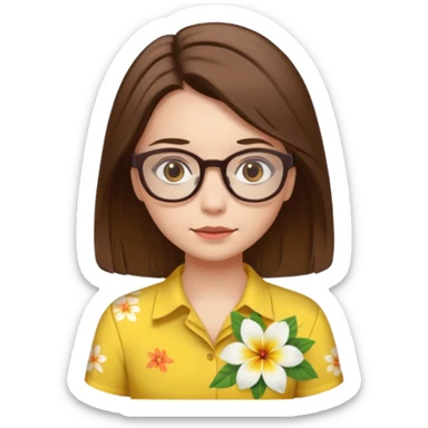 female with white skin. Shoulder length straight brown hair. Brown eyes with glasses. Hawaiian Flower in hair. Female wearing baby yellow shirt. sticker