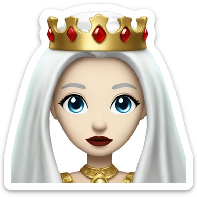 Queen with pale white skin, evil stare, icy blue eyes, bright red lips, long black hair, gold crown, and white robes. sticker