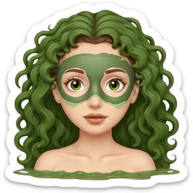 pale white girl with long brown curly hair green spa mud mask sticker