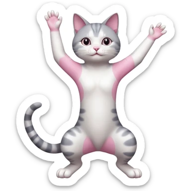 grey and white cat doing a big long stretch reaching up into the air with arms and legs together sticker