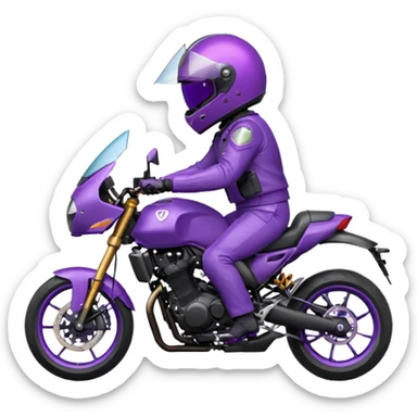 Créer un emoji avec une moto mt07 sport noir mate / violet iridescent très foncé. Avec une pilote dessus visière violet sombre faceless, bulle de la moto violet. Avec fond arrière violet, tenue complète casque inclus violet  sticker