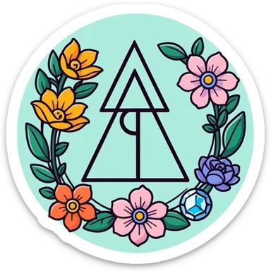 Crystal with rune among flowers and colourful crystals  sticker