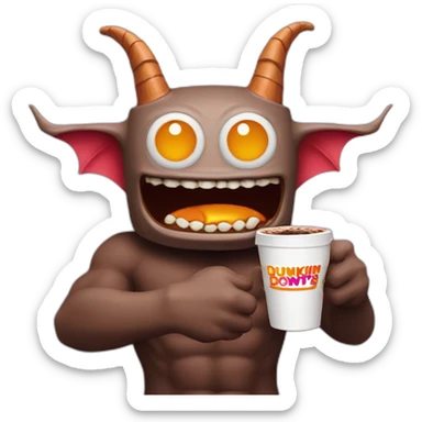 a demon holding a dunkin donuts coffee cup sticker