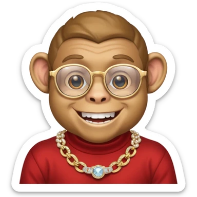 rich monkey with glasses smiling with diamond grillz and a bitcoin golden chain with diamond pearls sticker