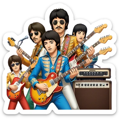 Rock music icon: dynamic collage of global rock legends like The Beatles, Jimi Hendrix, Elvis Presley, Led Zeppelin, Queen, and Nirvana, surrounded by guitars, amplifiers, and stage lights. Symbolizing the energy and power of rock music. Transparent background. sticker