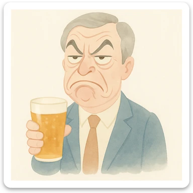 Make it funny: Nigel Farage looking grumpy but comically exaggerated, holding a pint of lager, in a watercolor illustration style. sticker