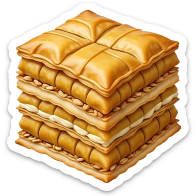 Cinematic Realistic Baklava Dessert Emoji, depicted as layers of flaky pastry with honey and nuts rendered with rich textures and warm, inviting lighting. sticker