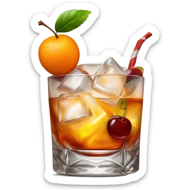 Old fashioned cocktail in an old fashioned glass with an orange twist and a cherry sticker