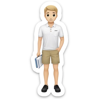 Pool attendant. white polo shirt. khaki shorts. black.  writing on paper sticker