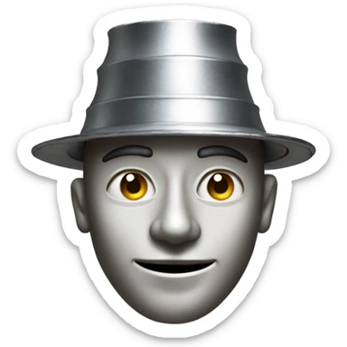 a man made entirely of tin, with a gleaming metallic body composed of smooth, jointed plates, a round head featuring simple facial details, a funnel-shaped hat on top sticker