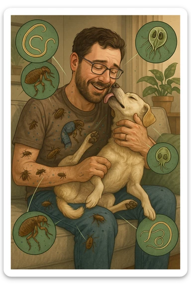 "Man cuddling with his beloved dog on couch, unaware that fleas, ticks, and worms are jumping from pet's fur onto his clothing, microscopic visualization showing roundworms, hookworms, and giardia transferring between species, expression of loving pet owner ignorant of health risks, living room becoming cross-contamination zone, pet's scratching and licking spreading parasites to human environment" in italiano sticker