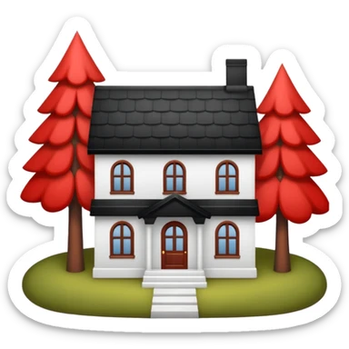 Dom z czarnym dachem i biała elewacja ze wstawkami z czerwonej cegły.Na drugim planie las. sticker