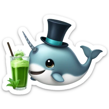 Narwhal with top hat drinking a matcha sticker