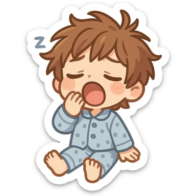 cartoon style emoji of a character who just woke up, messy hair, sleepy eyes, yawning, cozy pajamas sticker