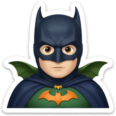 generate a batman emoji with just the face and neck showing and part of the cloak and and wings. Shade the bat logo on the chest in a medium green with a slight olive touch. Shade the mask in dark navy blue and the the cloak in a solid vibrant orange.

 sticker
