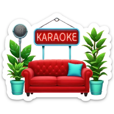red velvet couch, mic in front, houseplants in back, and a neon sign saying "karaoke", and NO PEOPLE IN IT sticker
